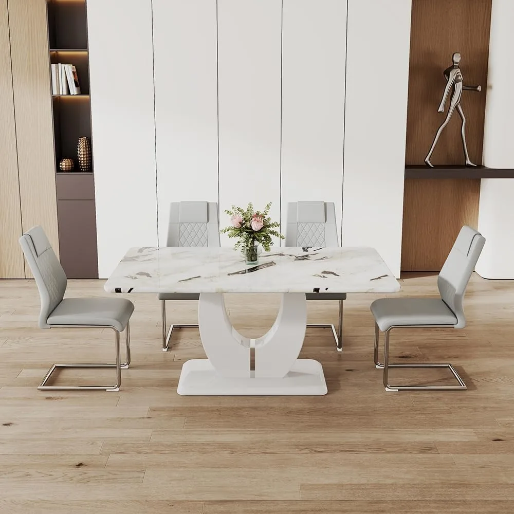 

Modern Dining Set Table, Dinings Room Tables Sets and 4 PU Leather Upholstered Dinings Chairs,Faux Marble Dining Table Set