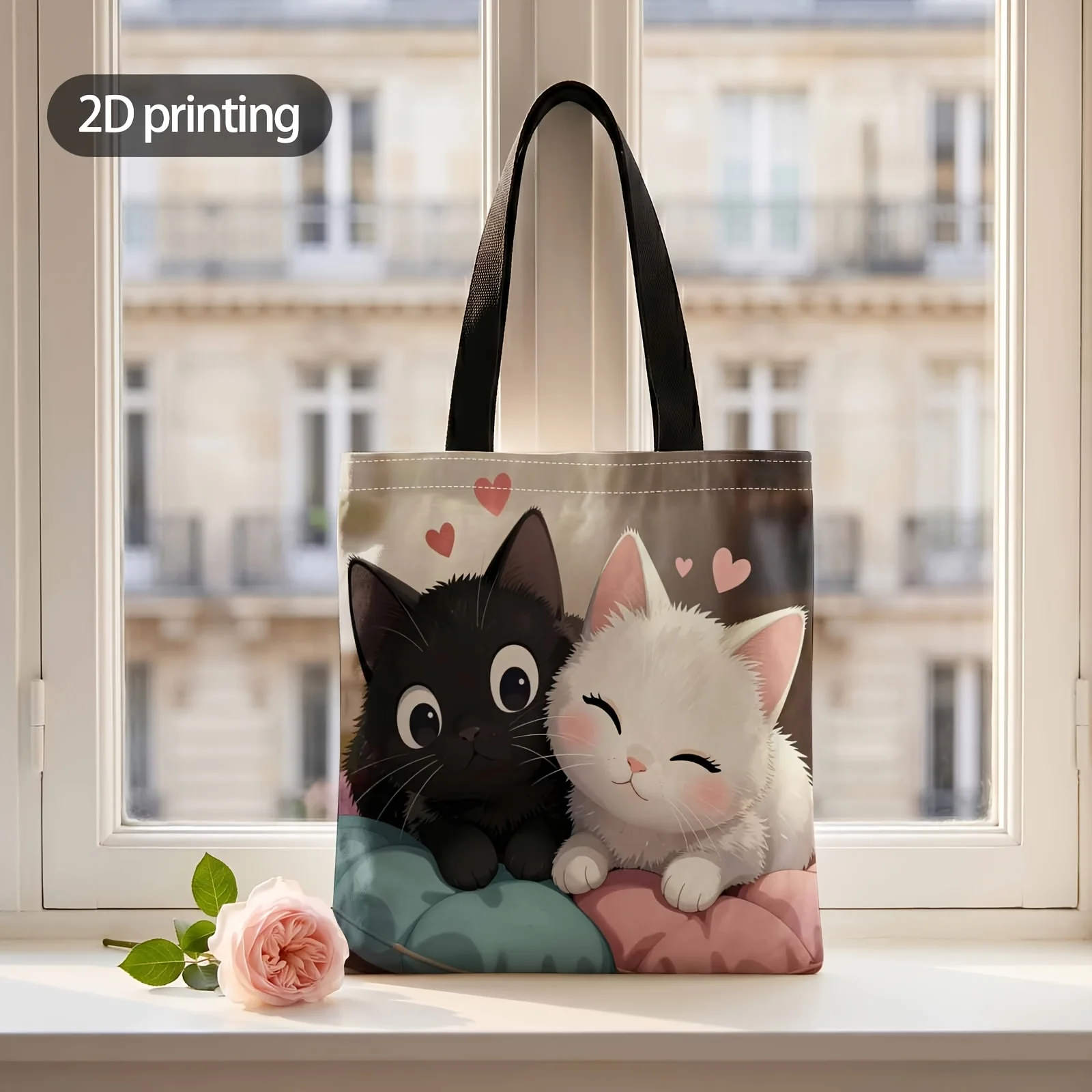 2D Printed Handbag with Black And White Lovebirds Pattern, Reusable Fashion Shoulder Bag Shopping Tote Bag Suitable for Shopping