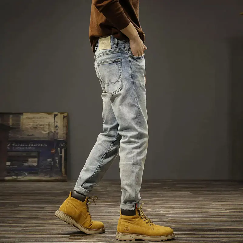 Fashion Designer Men Jeans Retro Light Blue Elastic Stretch Slim Ripped Jeans Men High Quality Vintage Casual Denim Pants Hombre
