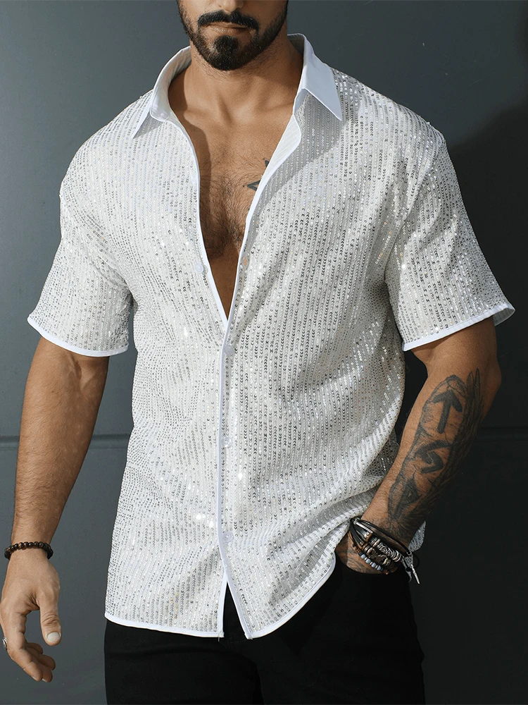 Stylish Mens Solid Color Glitter Shiny Shirt Vintage Button Turn-down Collar Sequin Shirts Men Summer Casual Short Sleeve Shirts