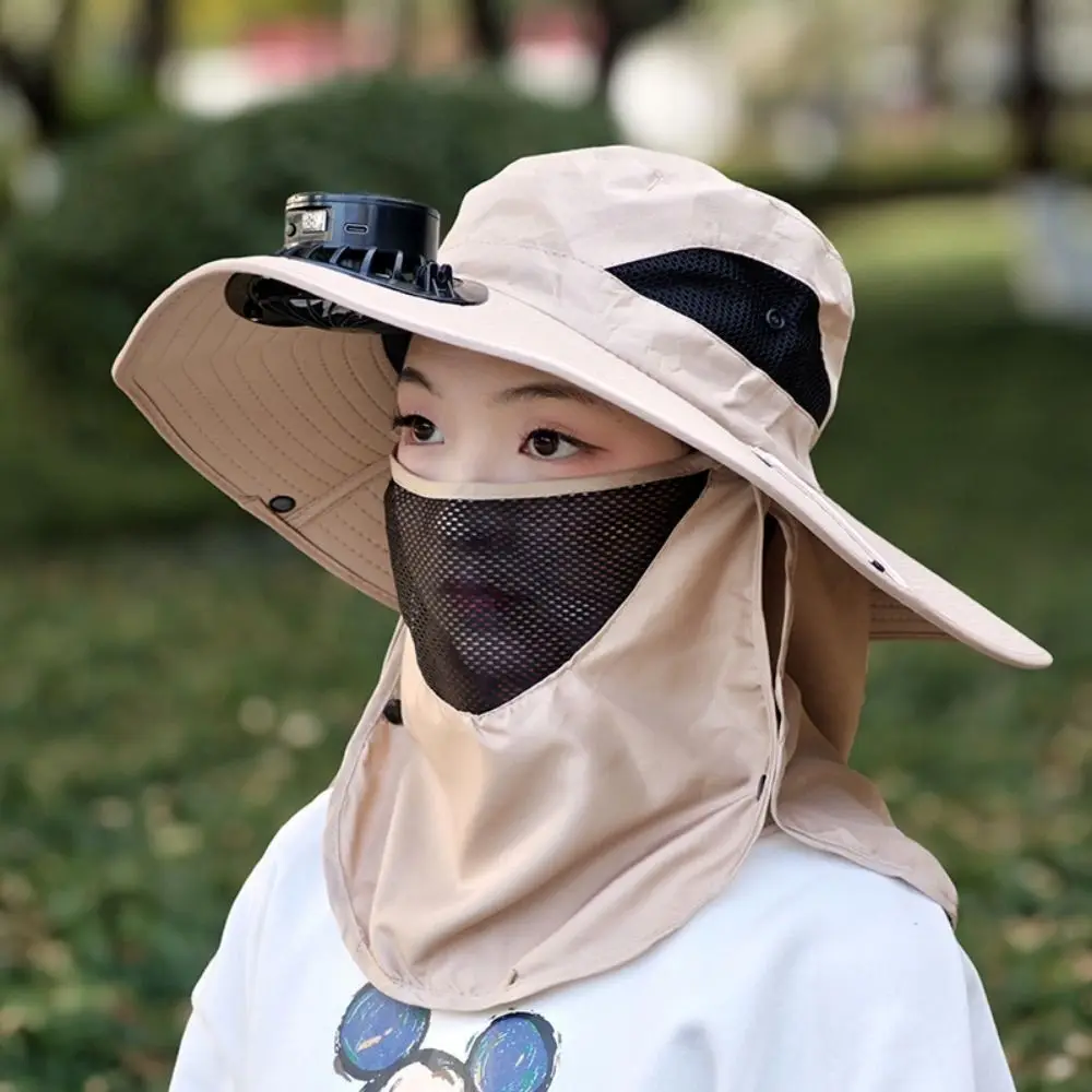 

Digital Display Screen Sun Hat with Solar Fan Neck Protection Breathable Mesh Face Cover Bucket Hat Solar/USB Charging 5 Modes