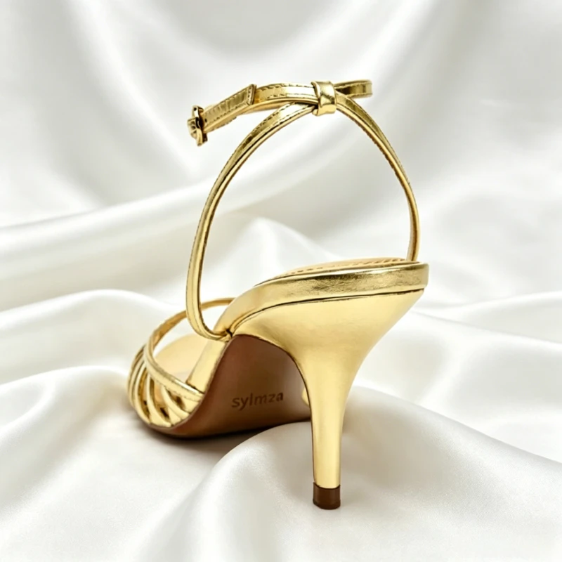 Sexy Gold Ankle Strap Heeled Sandals Women 2026 Summer Round Toe Hollow Design Luxury Heels for Ladies Elegant Party Dress Shoes view 5