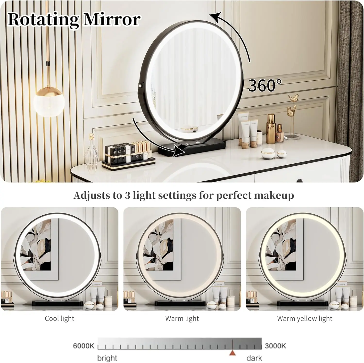 Modern Vanity Desk With Mirror And Led Lights, Small Retractable Makeup Combo With Adjustable Cabinet, Dressing Table Set With