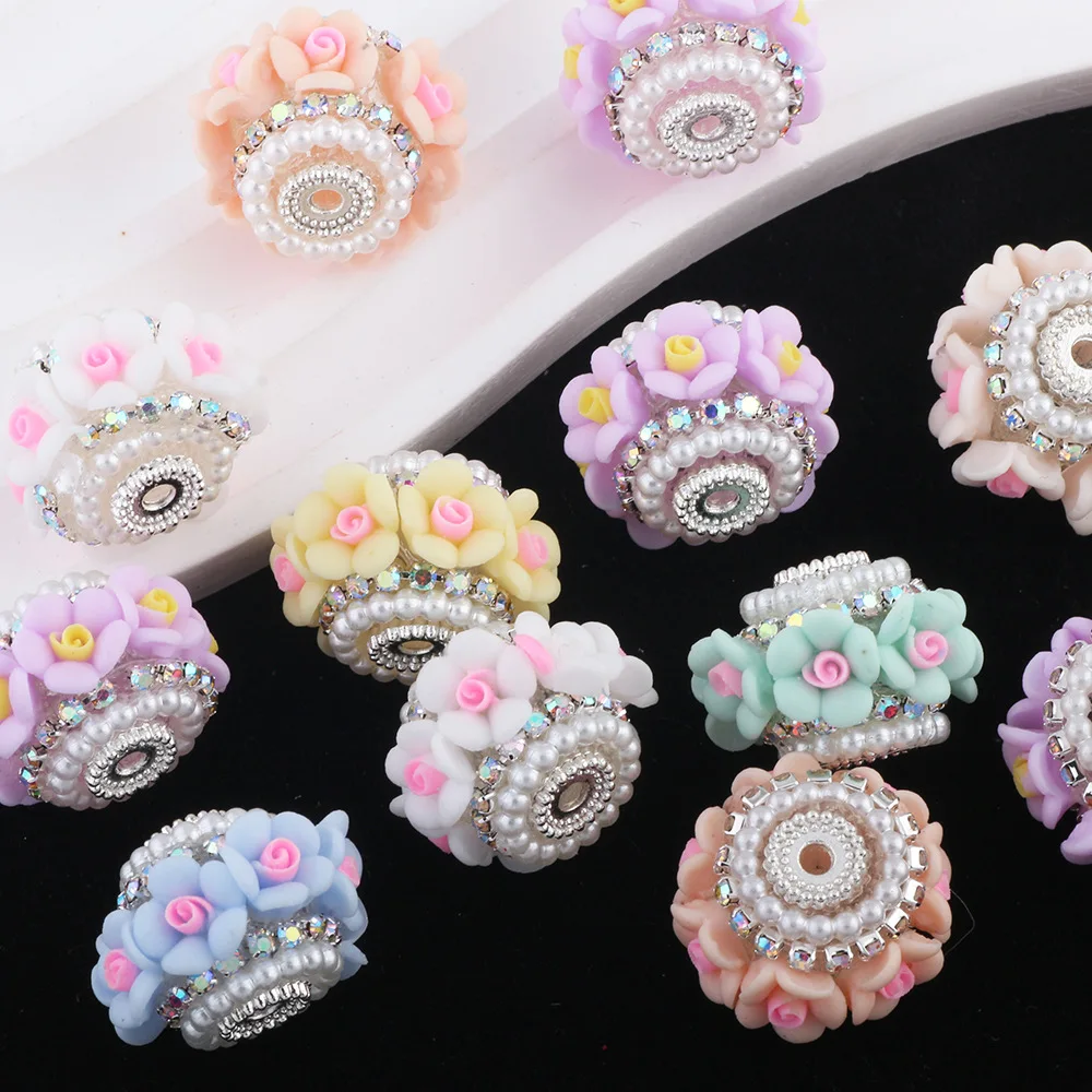 

Colorful Polymer Clay Flowers Decorated Big Hole Floral Barrel Beads Fit Necklace Earring Pen Making 21*21*16mm 15pcs