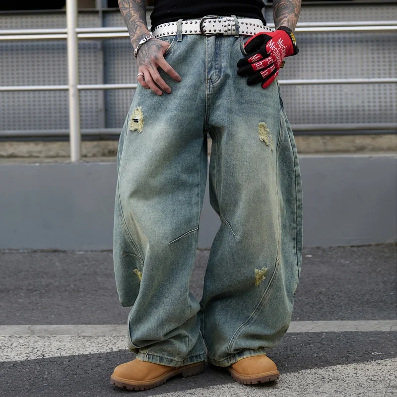 

American High Street Retro Washing and Old Ripped Scimitar Pants for Men Loose Wide-legged Hip-hop Trendy Jeans Light Blue S-3XL