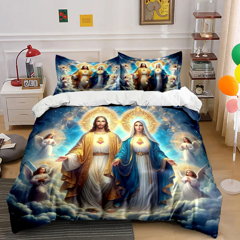 Figures with Halo Surrounded by Angels Print Bedding Set 1 Duvet Cover 2 Pillowcases for Adult and Children Luxury Gift