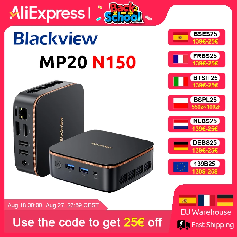 [Estreno mondiale] Blackview MP20 NUOVO Mini PC Windows 11 PC Intel N150 16 GB (supporto massimo 32 GB) DDR4 512 GB SSD 4K UHD WIFI 6 BT5.2