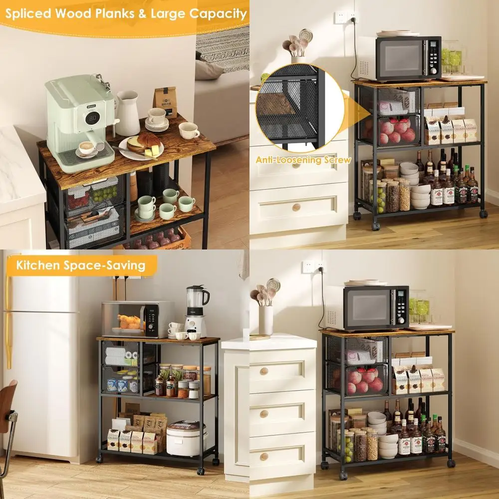 

Functional Kitchen Island with Storage, Dual Drawer Table Cart for Fresh Produce, Rolling Microwave Stand with Two Shelves, Quie