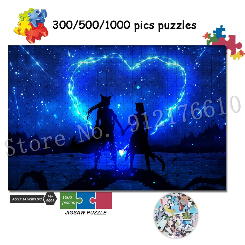 300/500/1000 Pieces Anime Love Couple Jigsaw Puzzles for Adults Educational Game Toys Decompressed Gifts Cartoon Blue Crafts Art