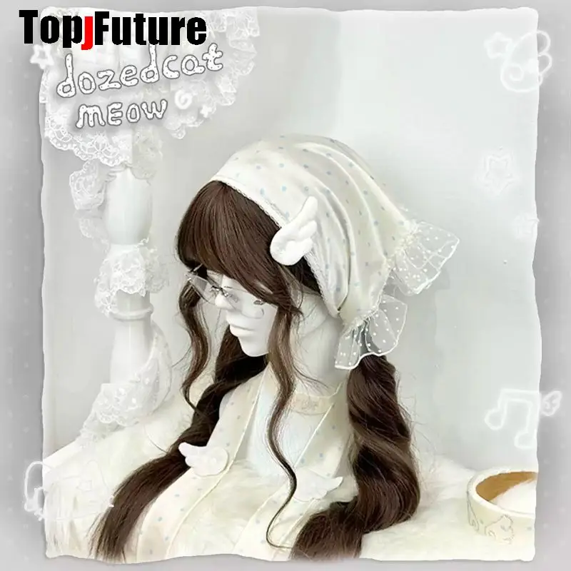 Y2K Satin Polka Dot Triangle Headscarf With Wing Subculture Accessories Vintage French Lace Ruffle  Sweet Girl Spring Summer