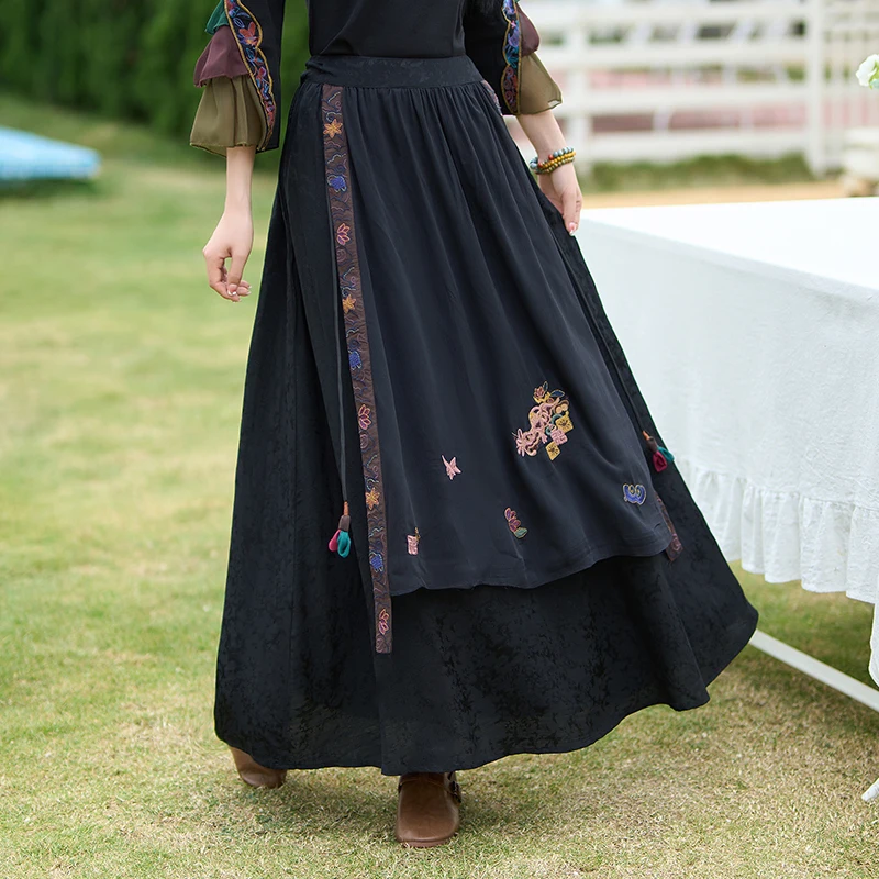 

Ele Long A-Line Skirt with Embroidery High Waist Elastic Waist National Sle Vintage Big Swing Skirt for Women