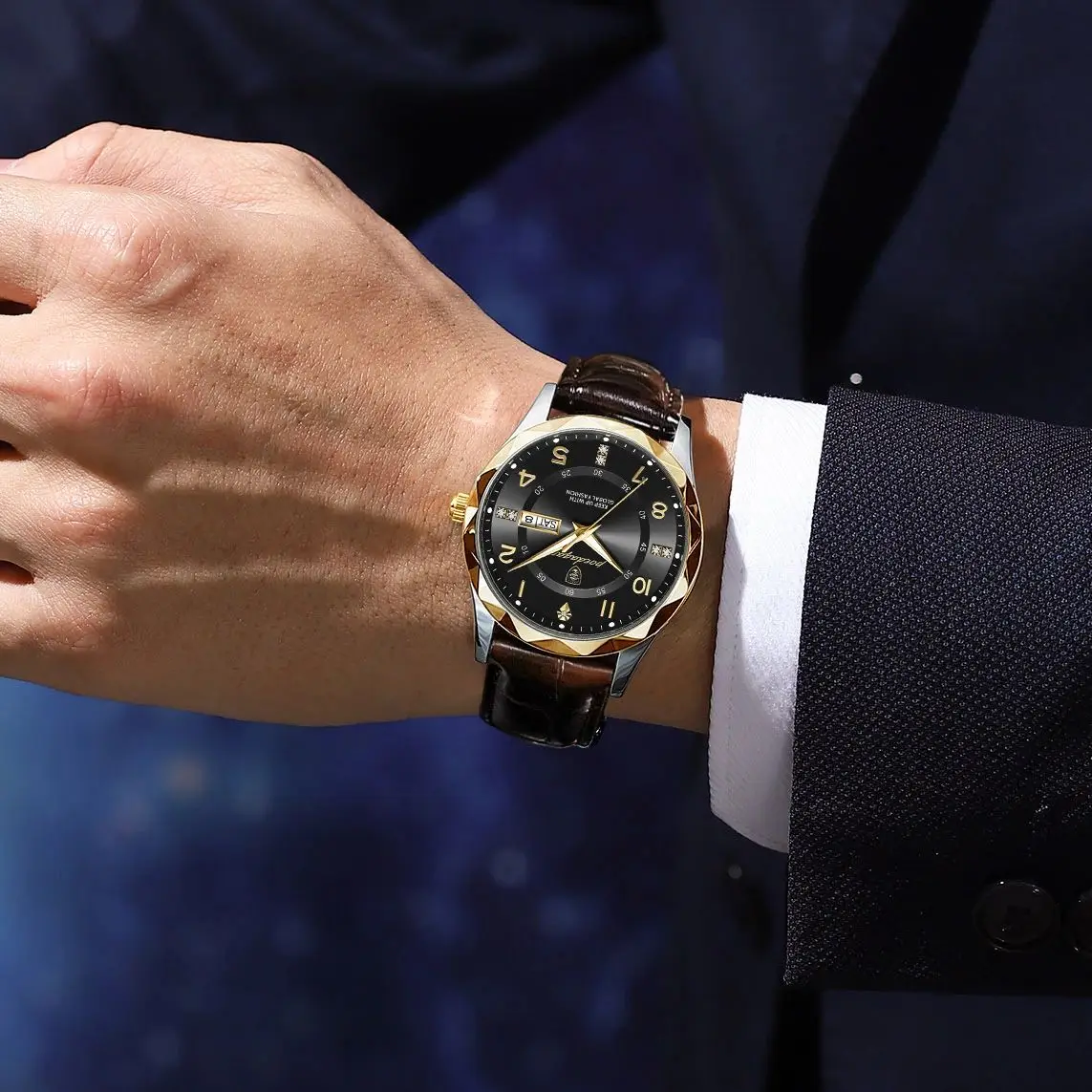 포에다가 남성용 비즈니스 고급 시계, 패션 쿼츠 가죽 남성 시계, 방수 야광 날짜 요일 남성 손목시계 렐로즈