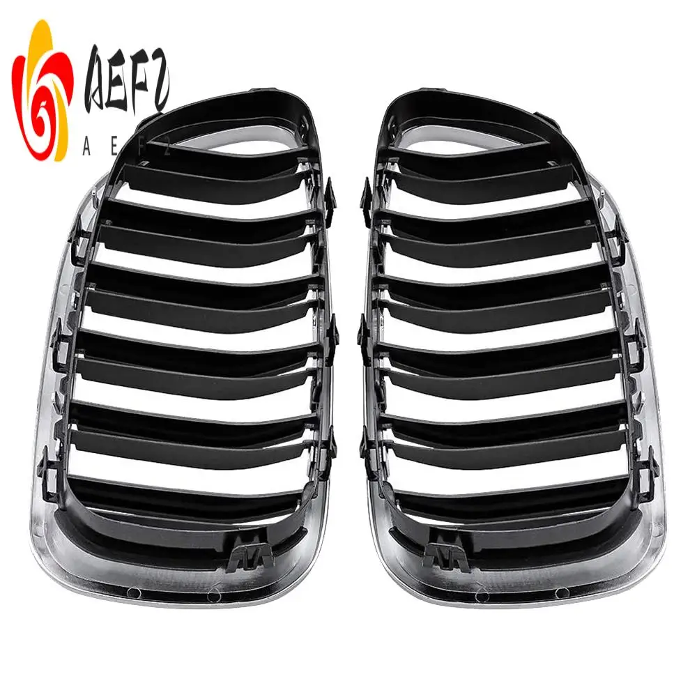 

AEF2-Car Chrome+Glossy Black Dual Slats Front Kidney Grille Grill For-BMW F10/ F11 M5 535I 550I 528I 4-Door 2010-2017