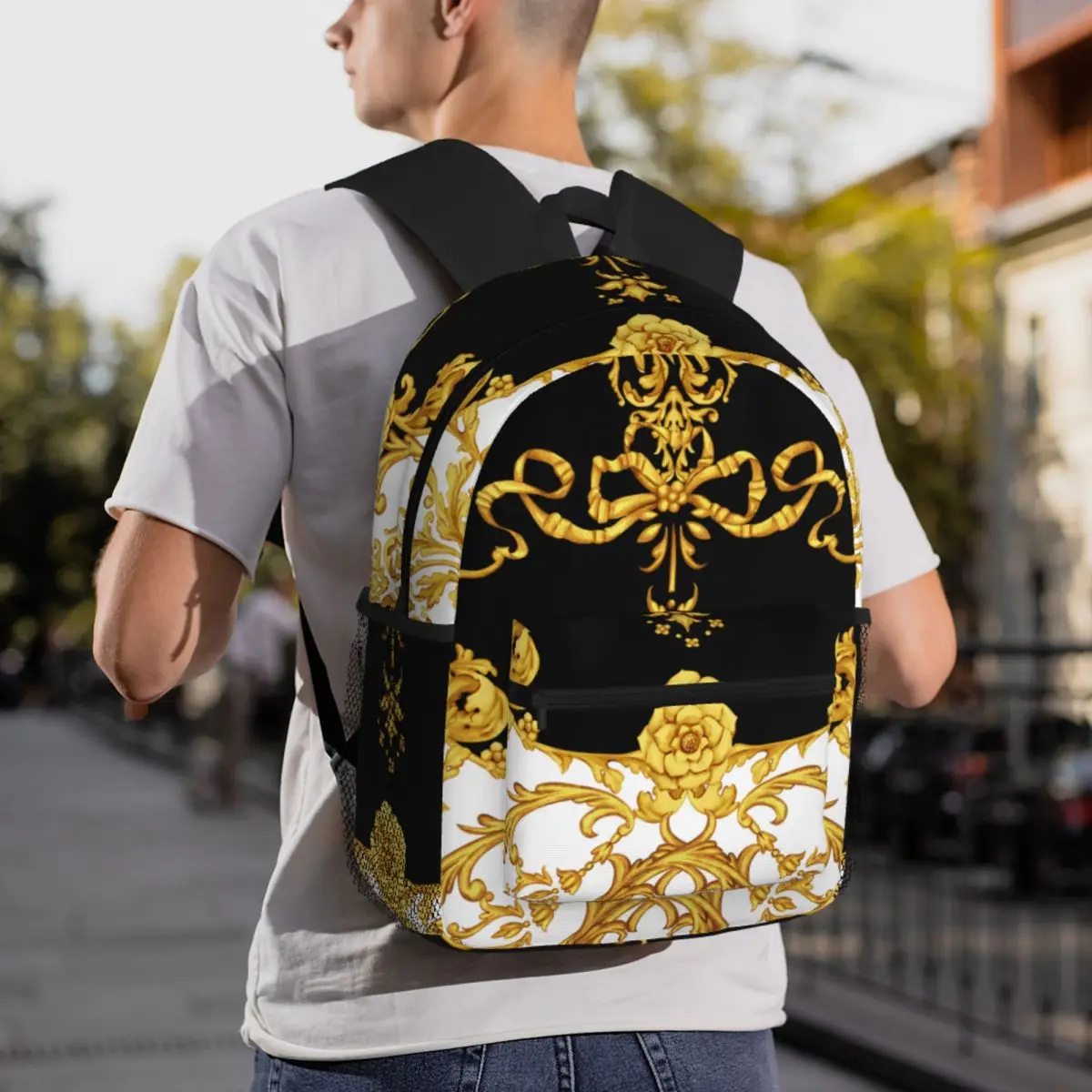 Borsa da scuola da viaggio Casual Daypack con sfondo barocco dorato con tasche per le donne College