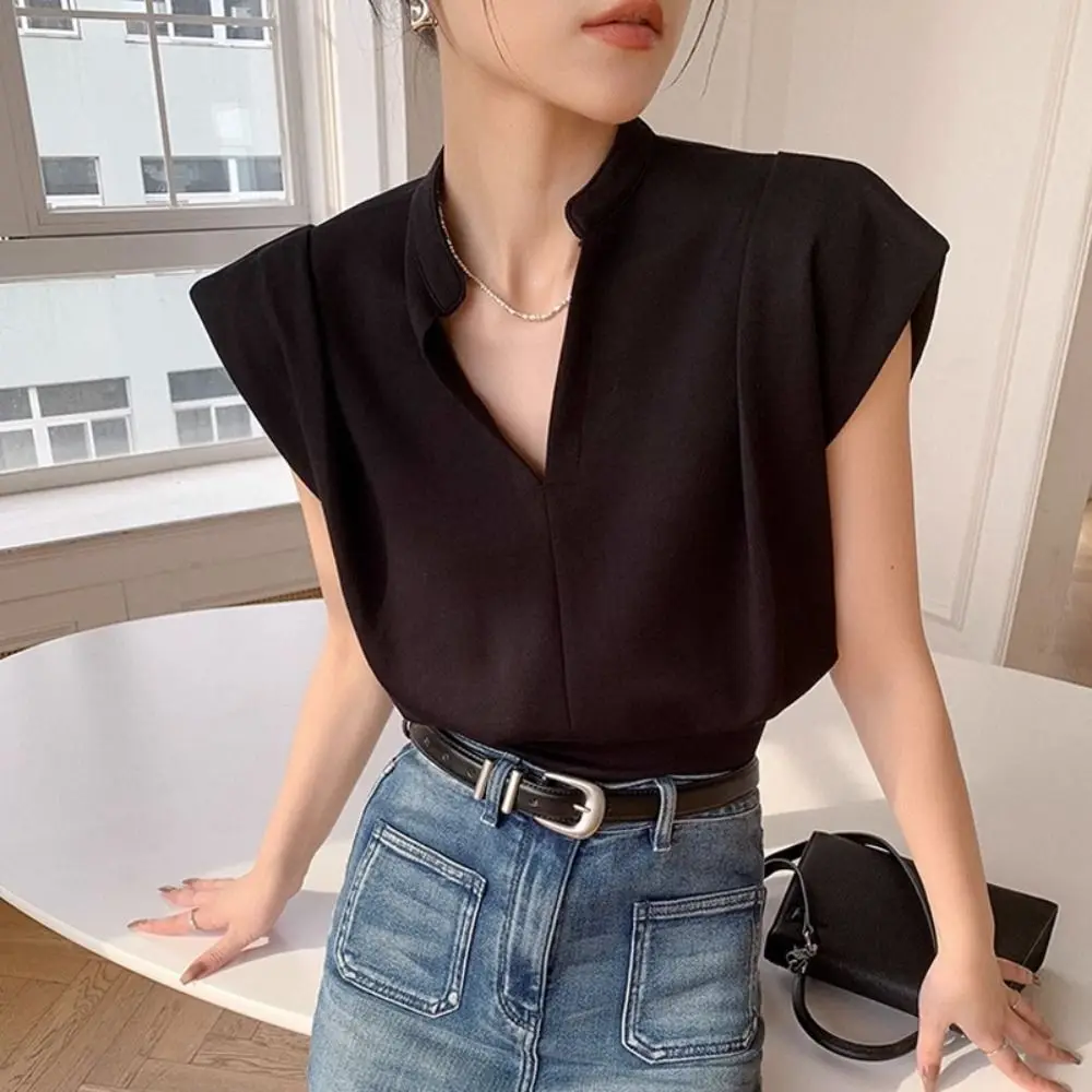 Simple V-neck Flip Collar T-shirt Y2K Slim Fit Sleeveless Crop Top Korean Style Chic Basic Tees Shirts Women Beach