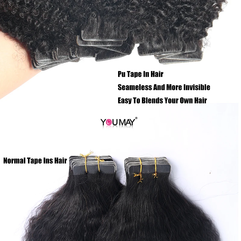 Kinky Straight PU Tape In Hair Extensions Brazilian Virgin Human Hair Seamless Invisible PU Tape Ins Bundles For Black Women