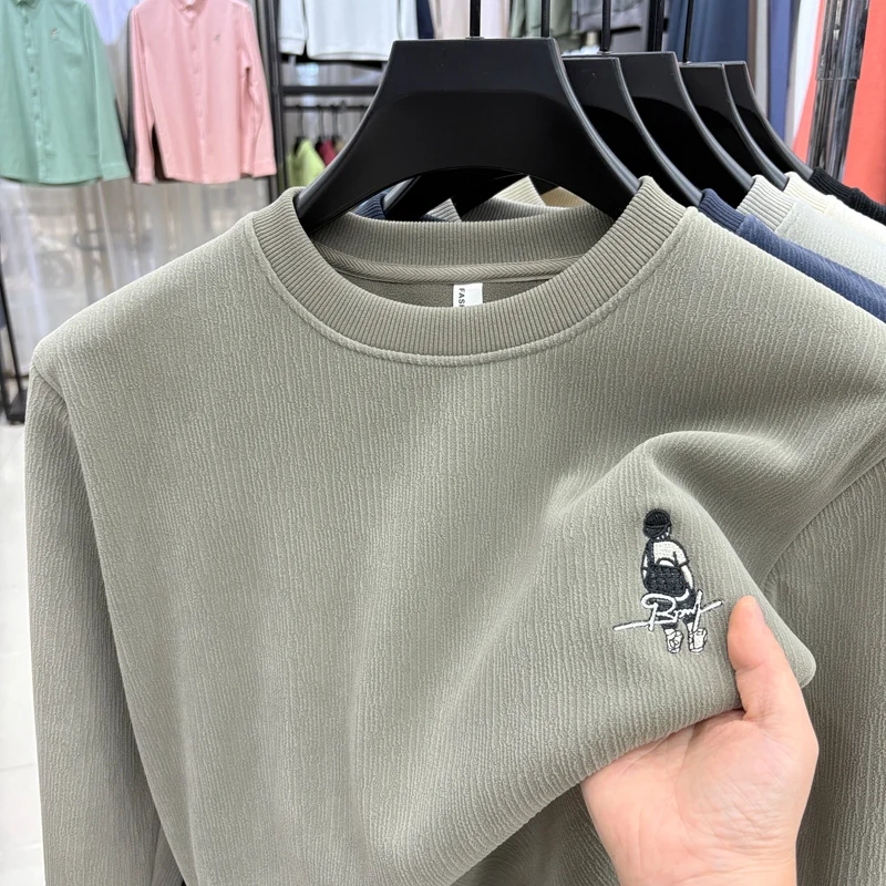 الفاخرة عالية الجودة رجل طويل الأكمام تريكو بيلينغ مقاومة الجولة الرقبة التطريز الصوف مبطن سميكة النباح نمط البلوز #2