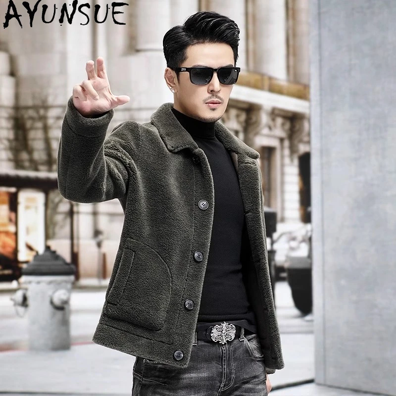 AYUNSUE 100% Wool Coats for Man Winter Causal Sheep Shearing Jacket Men's Clothes Reversible Lamb Wool Coat Single-breasted 2025