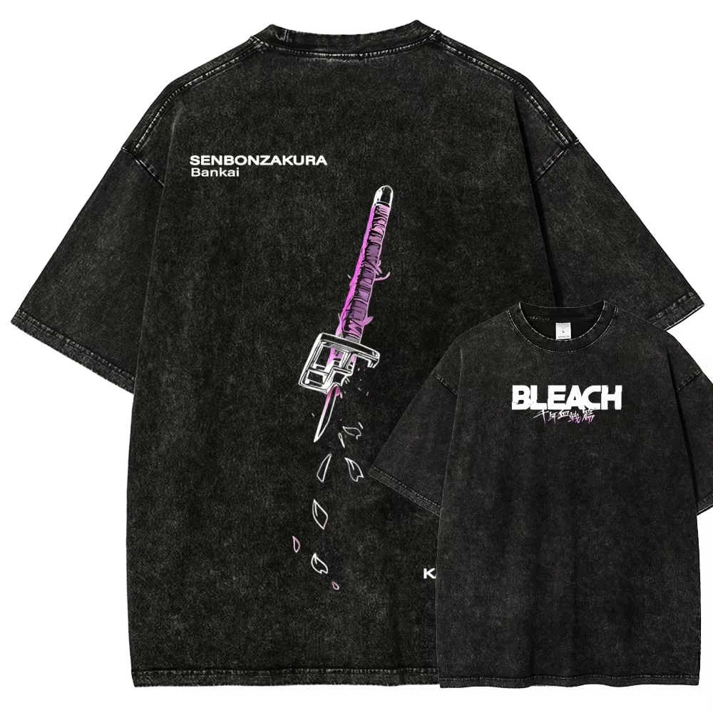 Bleach Anime T-Shirt Vintage Washed Manga Grafik Unisex Oversized Rundhals Baumwolle Kurzarm Tee Tops Ästhetische Hip-Hop Oberteile – Detail 2