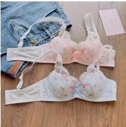 Summer cute girls underwear embroidery sweet large size  thin cup lingerie with underpants suit soft steel ring gathered bra set