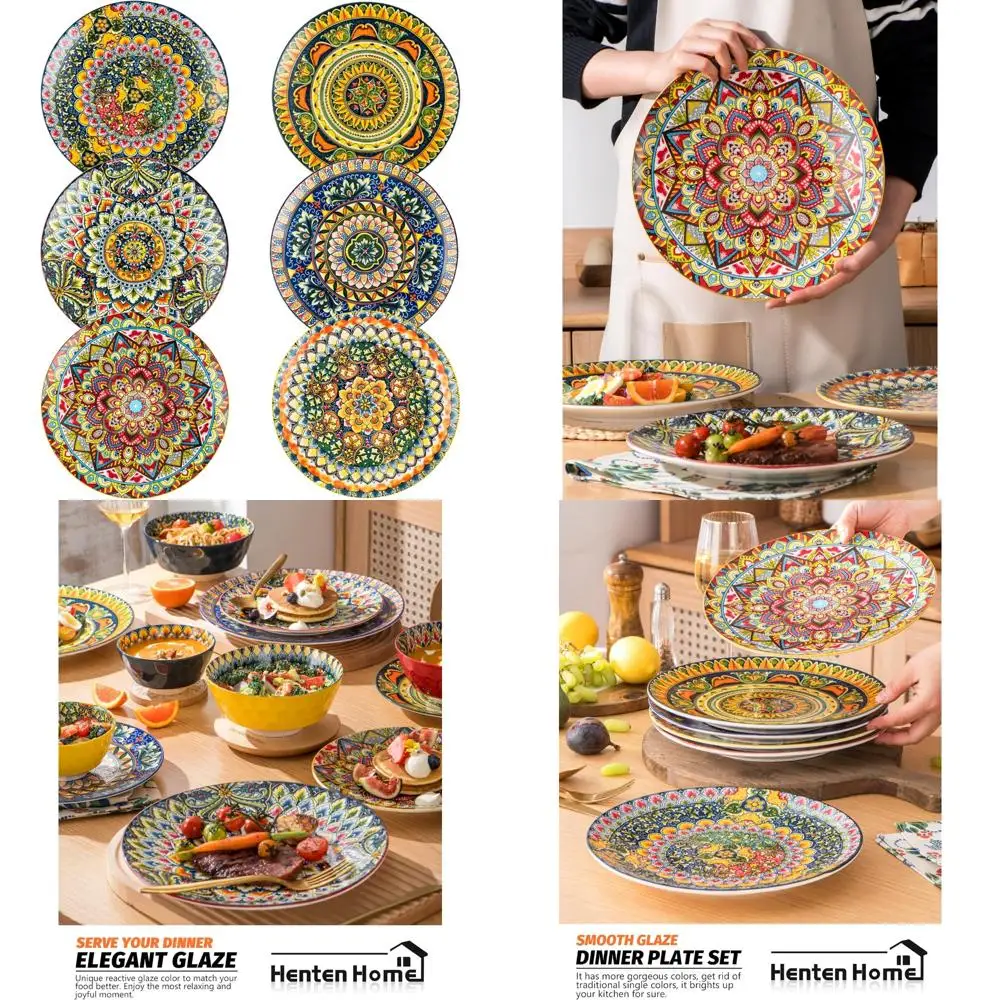 

dinner plates set of 6, 10.5 inch porcelain plate, colorful bohemian serving dishes for kitchen, pasta, salad, decorative, micr