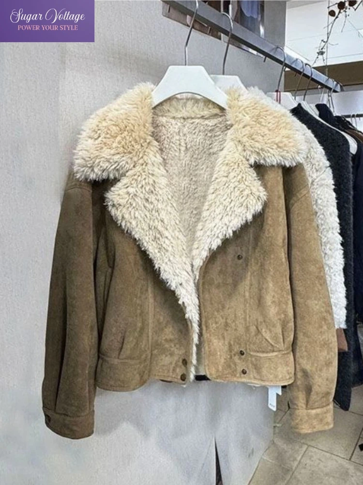 

Winter Vintage Suede Jacket Women Soft Loose Long-Sleeve Fleece-Collar Coat Warm Retro Cozy Style Casual Wear Winter Outerwear