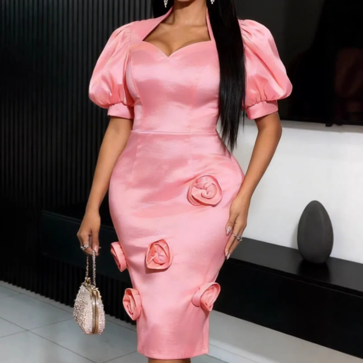 

Africa Clothing Women Midi Dress Sweethreart Neck Puff Sleeves 3D Floral Details Perfect Weddings Formal Events Cocktail Party