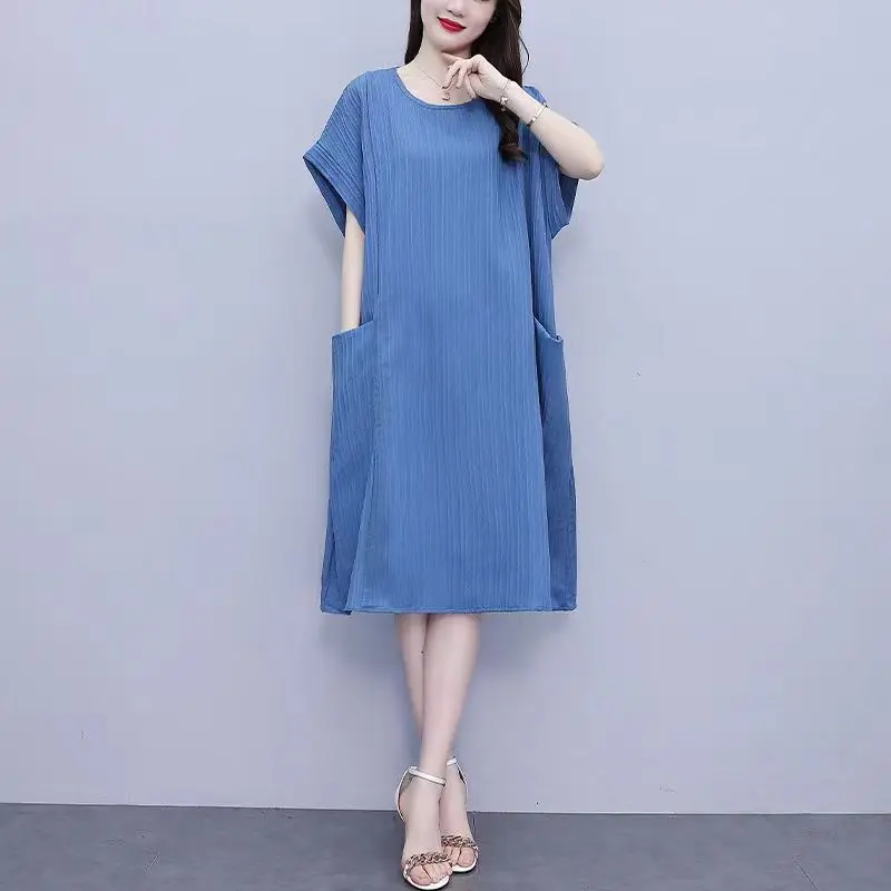 Tempérament d'été Patchwork couleur unie col rond manches courtes robes décontractées dames bureau dame poche t-shirt robe femmes vêtements