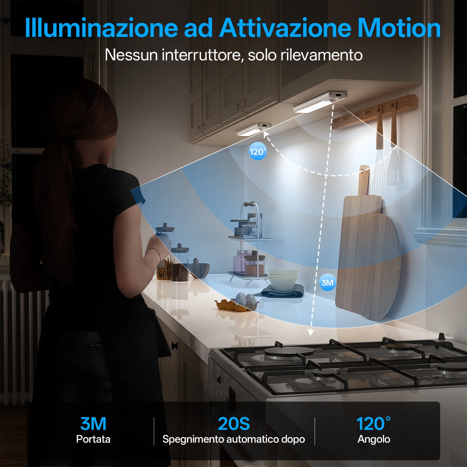 Immagine 7: PZSUNLY Luce LED Wireless Sottopensile, Lampada Notturna Dimmerabile con Sensore di Movimento Ricaricabile Type-C per Cucina, Armadio, Comodino, Scale, Illuminazione Interna, Regalo