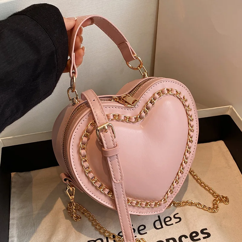 New Fashionable Heart Shaped Red Bag Summer Versatile Chain Crossbody Bag Female Autumn Solid Color PU Leather Zipper Handheld