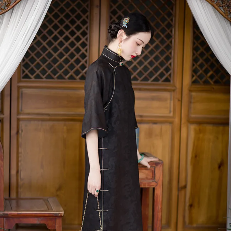 ยาว Qipao ผู้หญิงคอจีน Vintage Chic สไตล์ชาติพันธุ์ชุดโบราณหญิง2022แฟชั่น Elegant Cheongsam