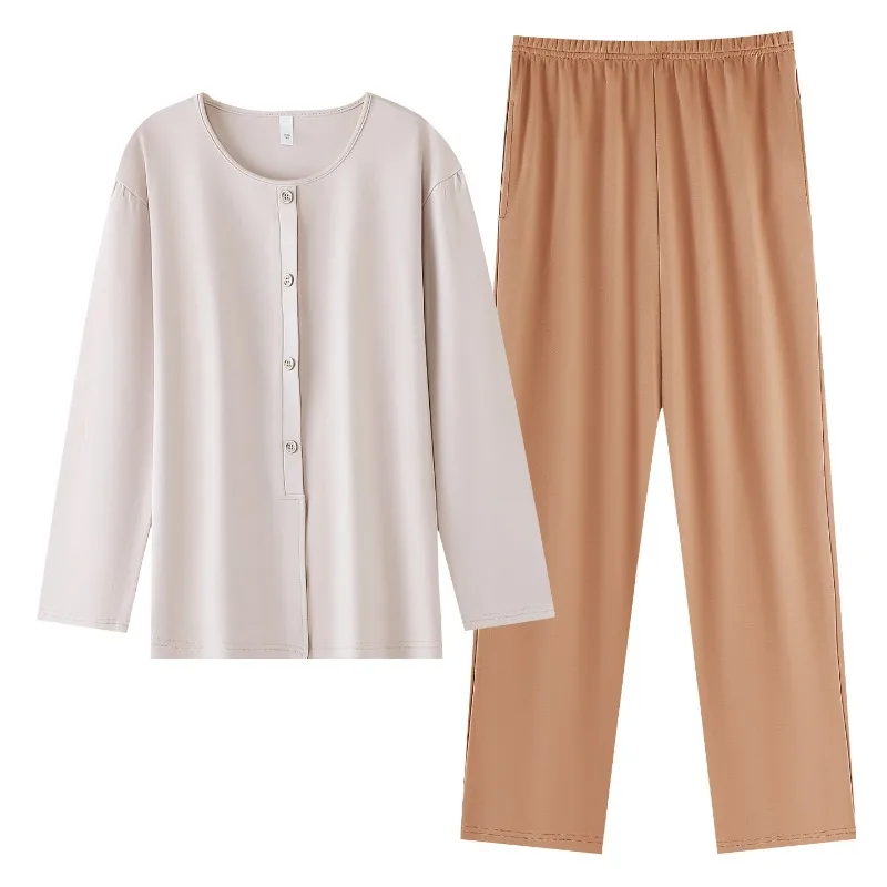 Women's Spring and Autumn Pure Cotton Long-sleeved Trousers Simple and Casual High-end Mother Can Wear Loungewear Suit Pajamas