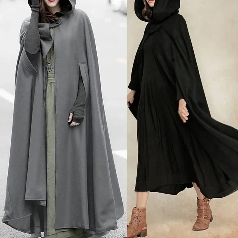 ZANZEA donna Poncho inverno con cappuccio aperto mantello anteriore sciolto solido cappotto lungo con cappuccio Cosplay Outwear natale Casual Cape