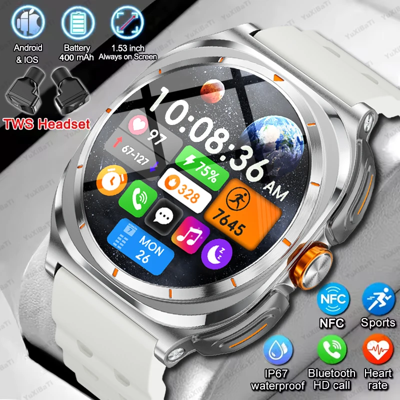

2025 Headset Smart Watch 2 In 1 TWS Wireless Headphone BT Call Music Smartwatch Health Monitoring 400mAh Waterproof Sports Watch