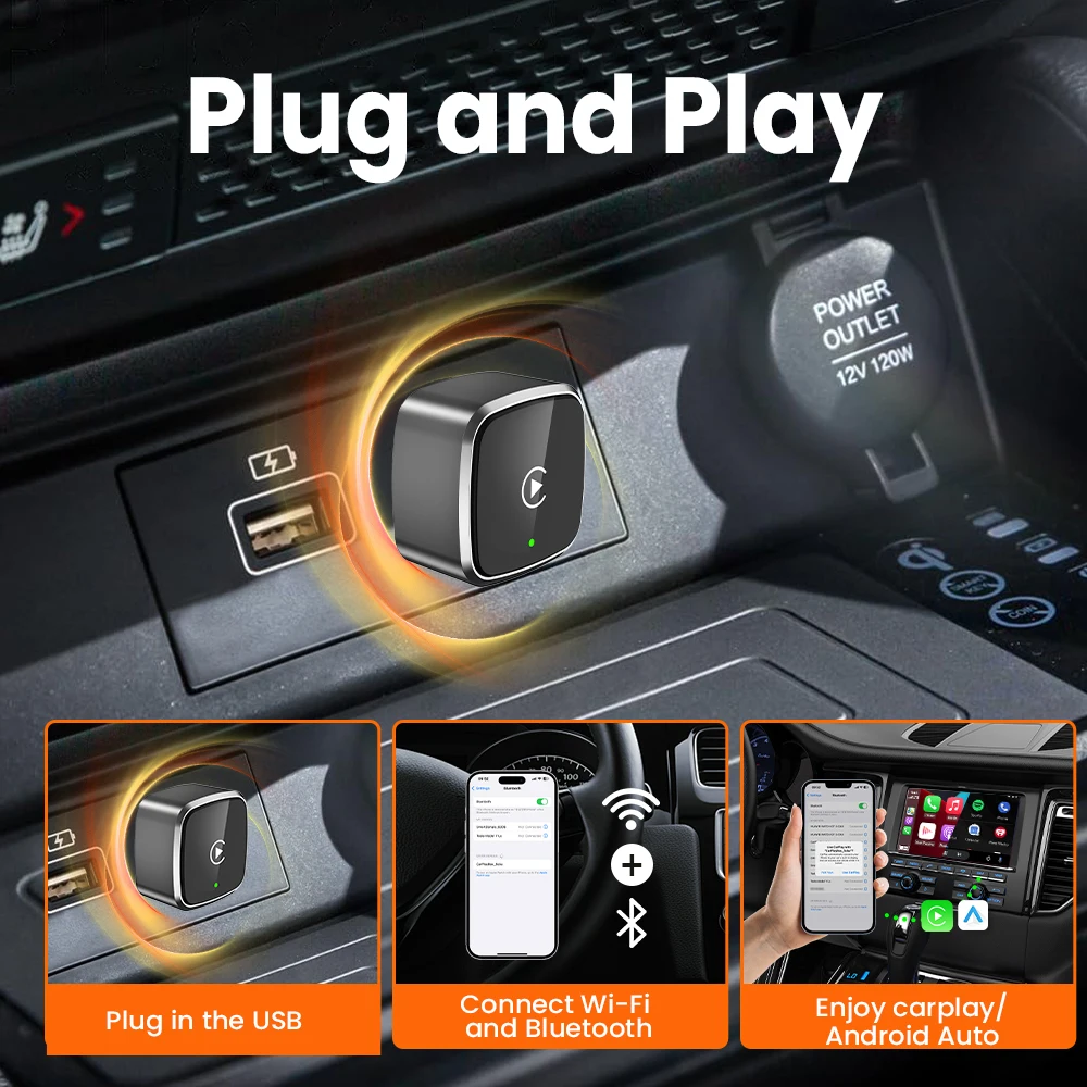 Carplay محول لاسلكي أندرويد السيارات 2in 1 الذكية دونغل 2025 5G WIFI آيفون أندرويد الهاتف لفولفو بنز MG كيا شيري VW