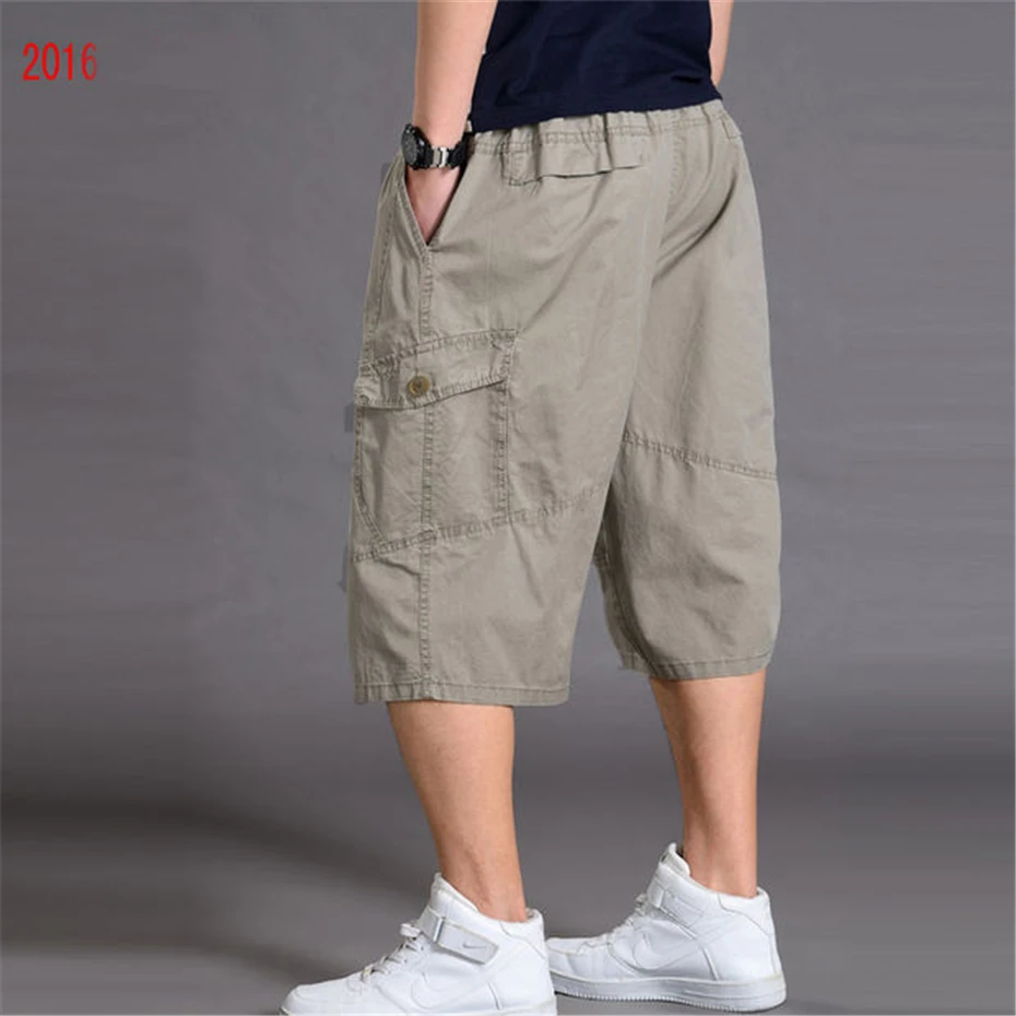 Summer Calf-length Pants Men Solid Color Baggy Pants Fashion Casual Elastic Waist Short Pants Male