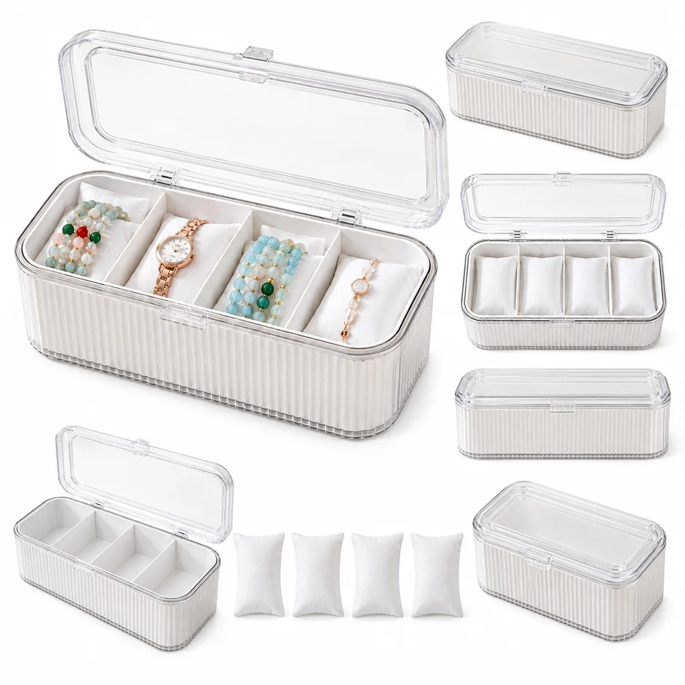 4 Compartment Bracelet Display Storage Box Clear Lid Dustproof Jewelry Organizer Box Soft Pillows Watch Display Case