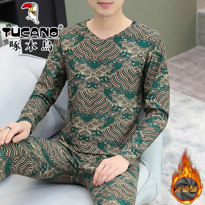 우드페커 정품 겨울 신상 양면 벨벳 민족풍 레트로 무봉제 보온 내의 세트 남성 캐릭터 파자마