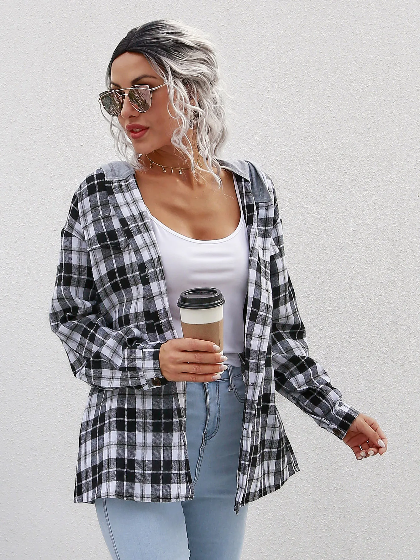 

Women's Plaid Shirt with Contrast Hood