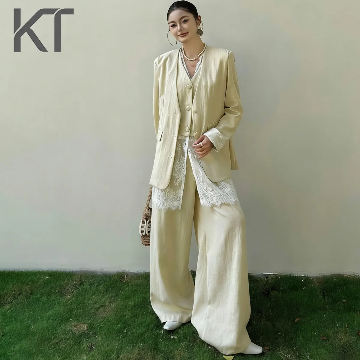 

KT Women's Linen Three Piece Outfit 2026 Spring Summer Lace Trim Blazer + Vest + Wide Leg Trousers Casual Commuter Matching Sets