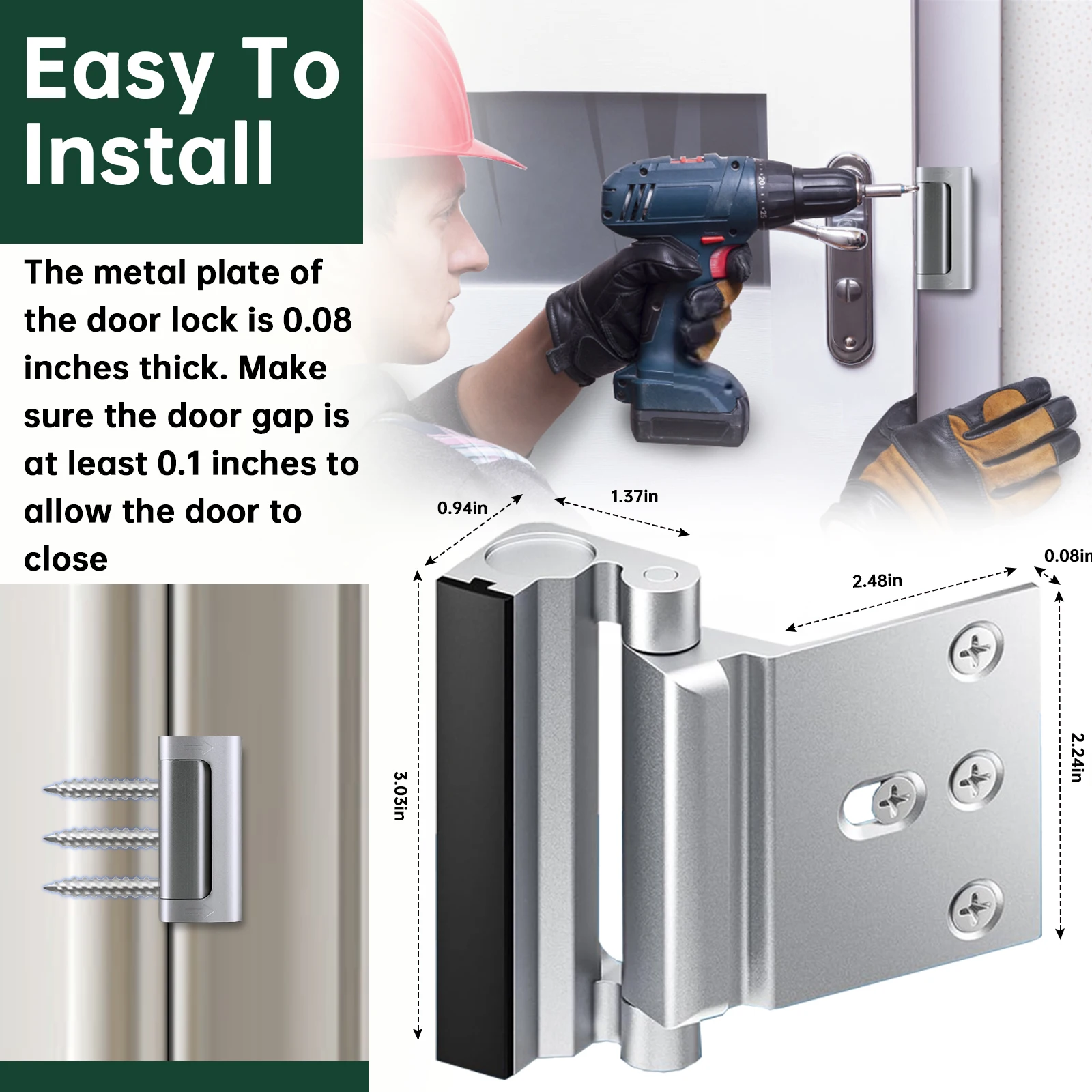KERUI قفل باب أمان المنزل سبائك الألومنيوم مكافحة سرقة قفل الباب حريزعلى الأطفال تعزيز مزلاج السلامة 800Lbs تقوية الباب