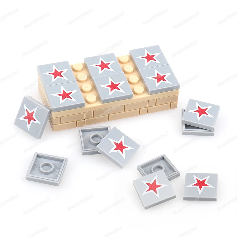 Red Five-pointed star White border Printed Pattern 2x2 Tiles 3068 Building Block MOC figures Scenes Accessories Models Gift Toys