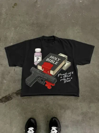 

Bible × Glock × Dollar × Painkiller Graphic Cropped T-shirt Men Fashion Street Hip-hop Rock Short-sleeved Women Round-neck Top