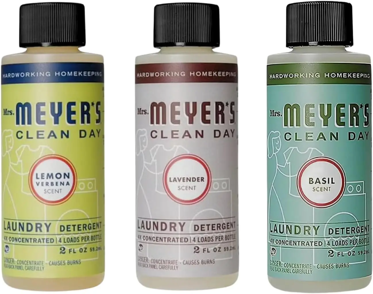 Paquete variado de detergente concentrado para ropa Mrs. Meyer's Clean Day 4x, albahaca + lavanda + verbena de limón, 2 onzas líquidas cada una