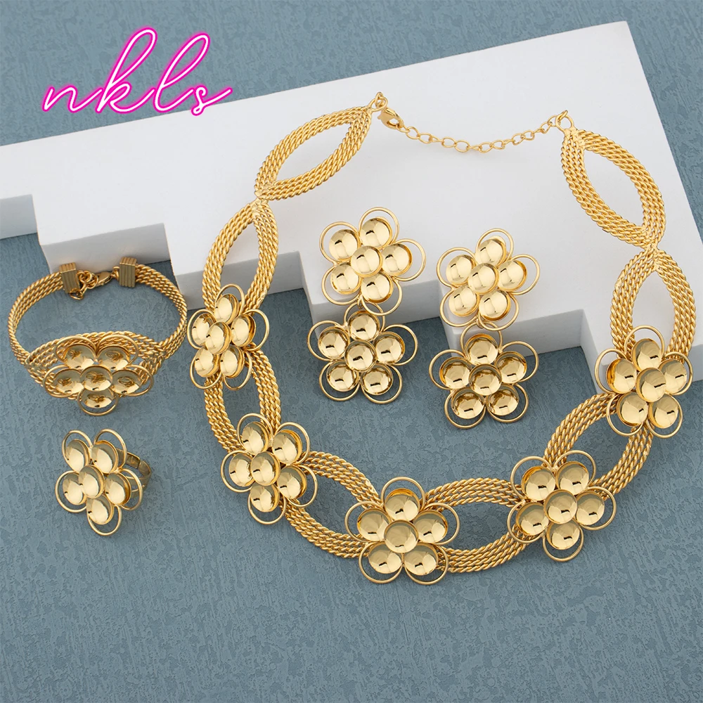 Brazilian Flower Necklace Jewelry Set Earrings New Bangle Ring Set Dubai Gold Color Jewellery Set Wedding Accessories Gifts