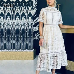 VGH Hollow Out Embroidery Lace Dresses For Women Stand Collar Half Sleeve High Waist Elegant Slimming Long Dress Female Fashion