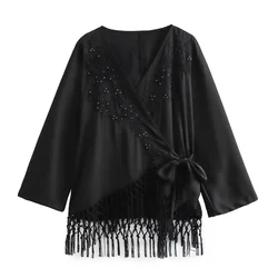 UNIZERA 2023 Autumn/Winter New Product Women's New Fashion Casual Loose Tassel Embroidery V-Neck Lace Up Top