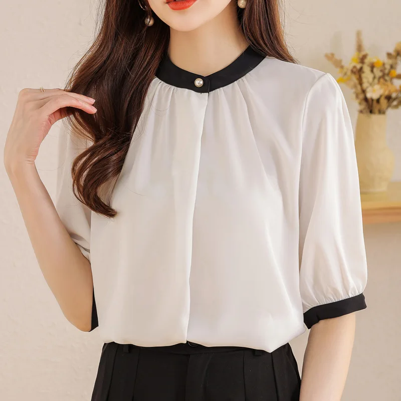 2025 Summer New Style Style Piping Small Stand Collar Pearl Button Loose Short-sleeved Shirt for Women