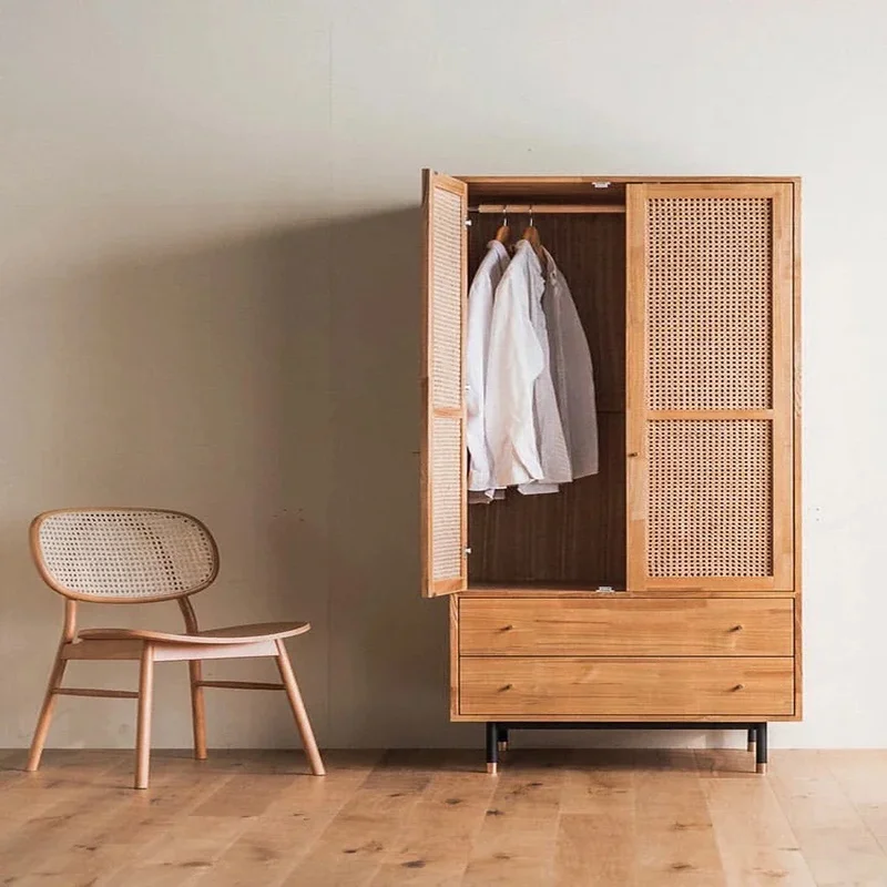 Rattan Solid Wood Wardrobe Bedroom Cabinet Storage Locker Double Door Hanging Wardrobe Storage Armario Bebe Armario Pasillo image 2