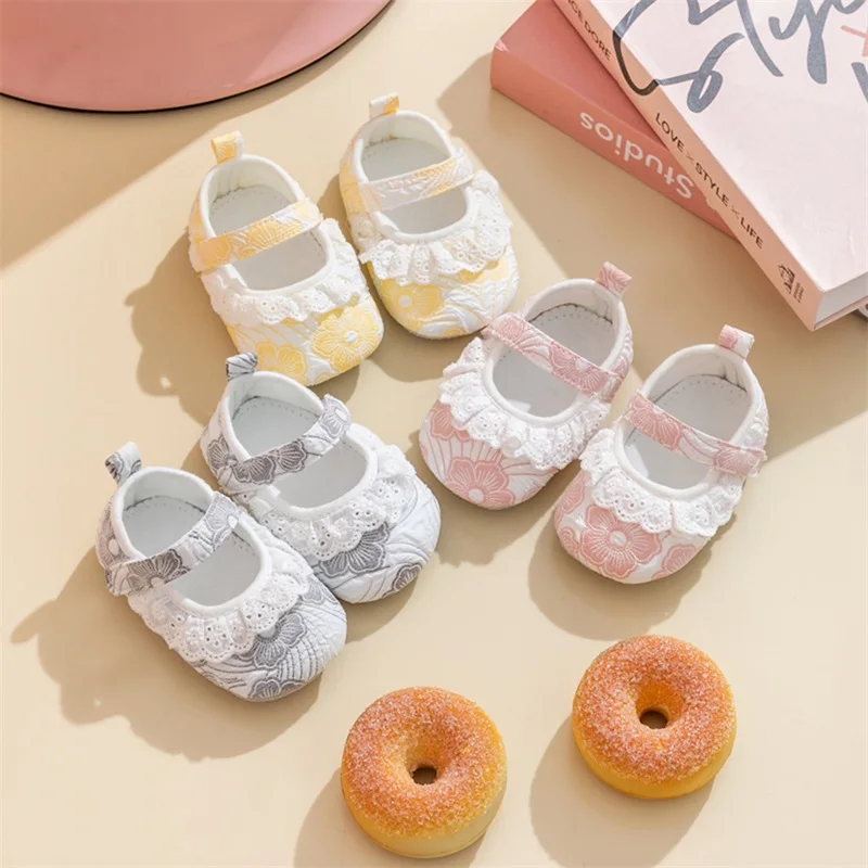 EWODOS Baby Girls Print Princess Shoes Cute Soft Flexible Flower Lace Trim Non-slip Bottom First Walker Shoes Fall Toddler Shoes